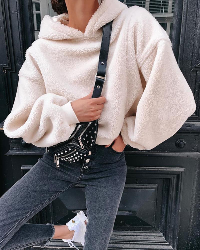 

Hooded Lantern Sleeve Casual Fluffy Sweatshirt