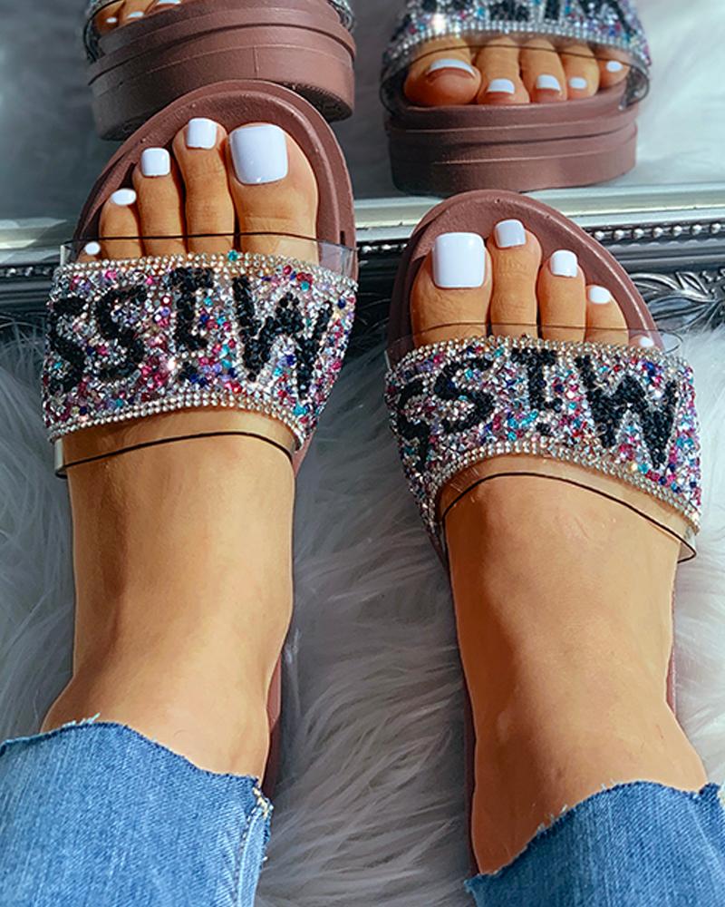 

Open Toe Studded Sequins Flat Sandals, Black