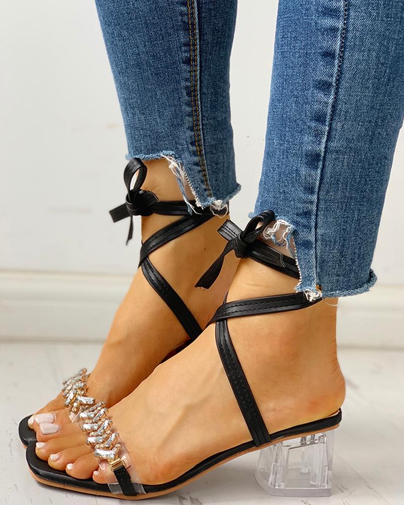 

Studded Transparent Chunky Heeled Sandals, Black