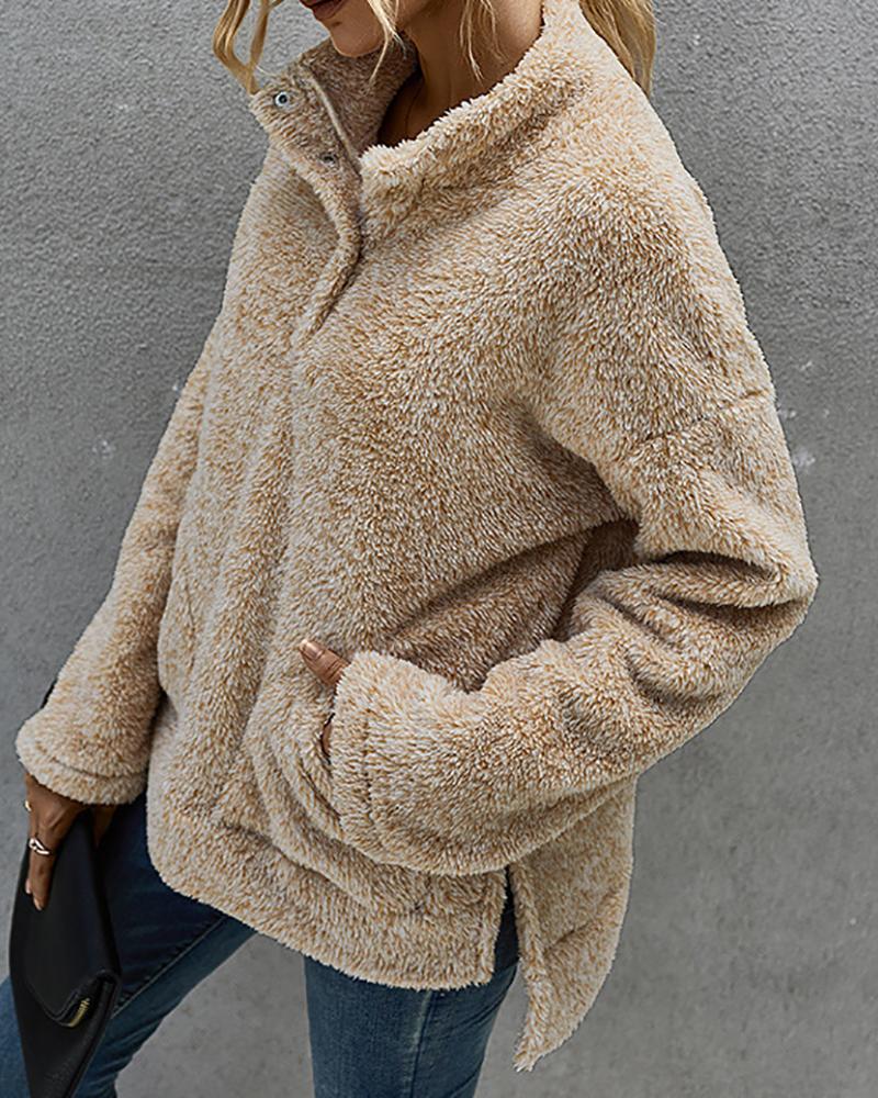 

Pocket Design Fluffy Long Sleeve Coat, Apricot