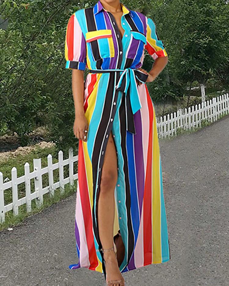 

Rainbow Color Striped Buttoned Shirt Maxi Dress