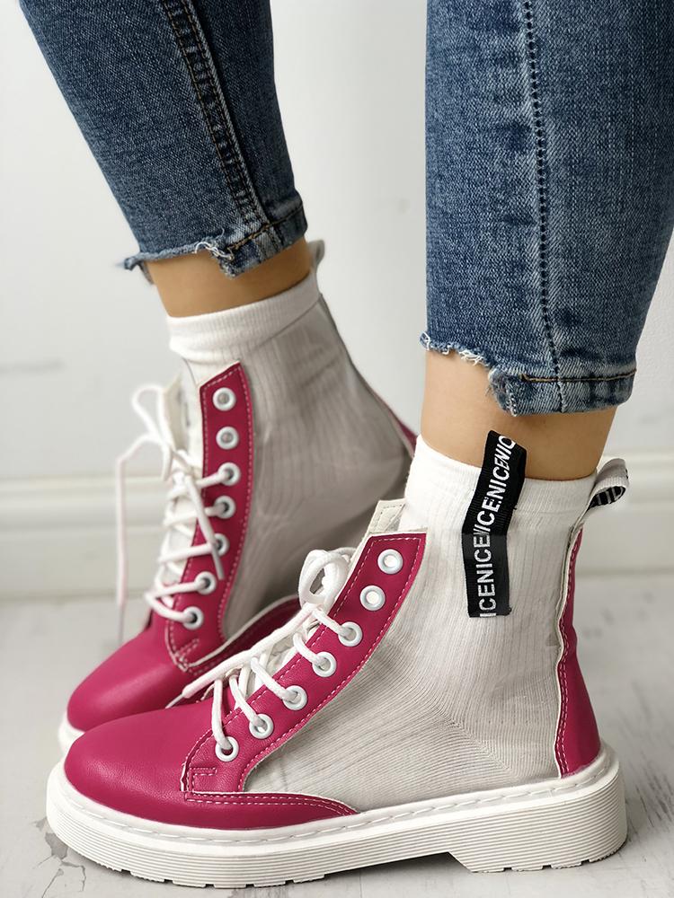 

Contrast Color Transparent Lace-Up Boots, Hot pink