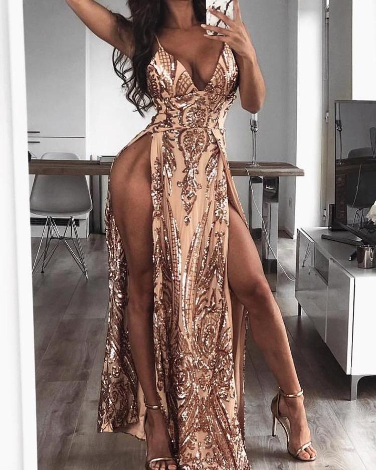 

Plunge Spaghetti Strap High Slit Sequin Dress