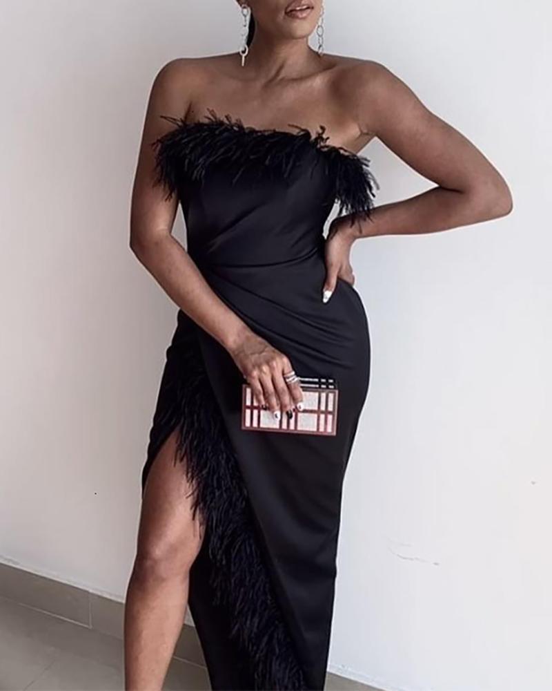 

Tube Feather Ruched High Slit Dress, Black