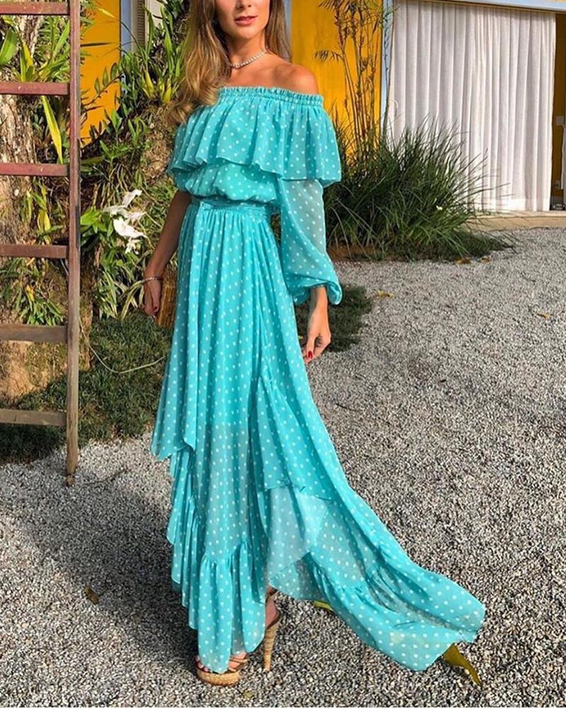 

Polka Dot Off Shoulder Asymmetric Maxi Dress, Blue