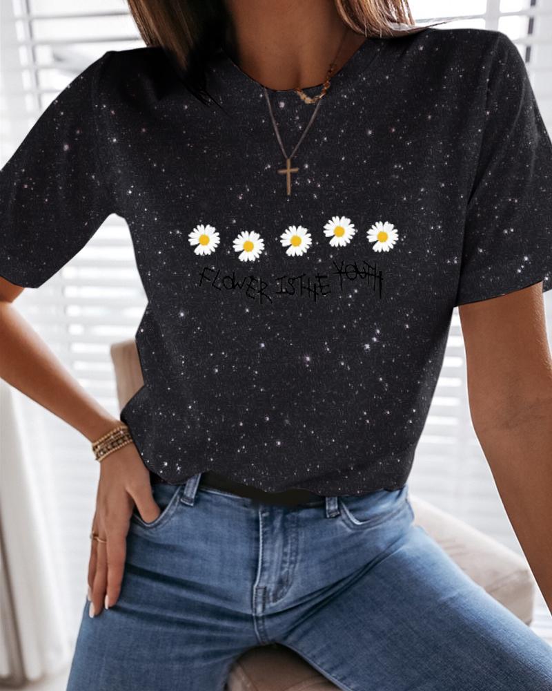 

Daisy Letter Print Glitter T-Shirt, Black