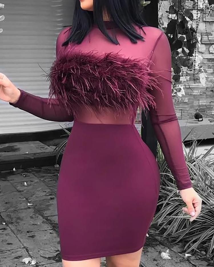 

Fluffy Embellished Inbsert Bodycon Dress, Dark red