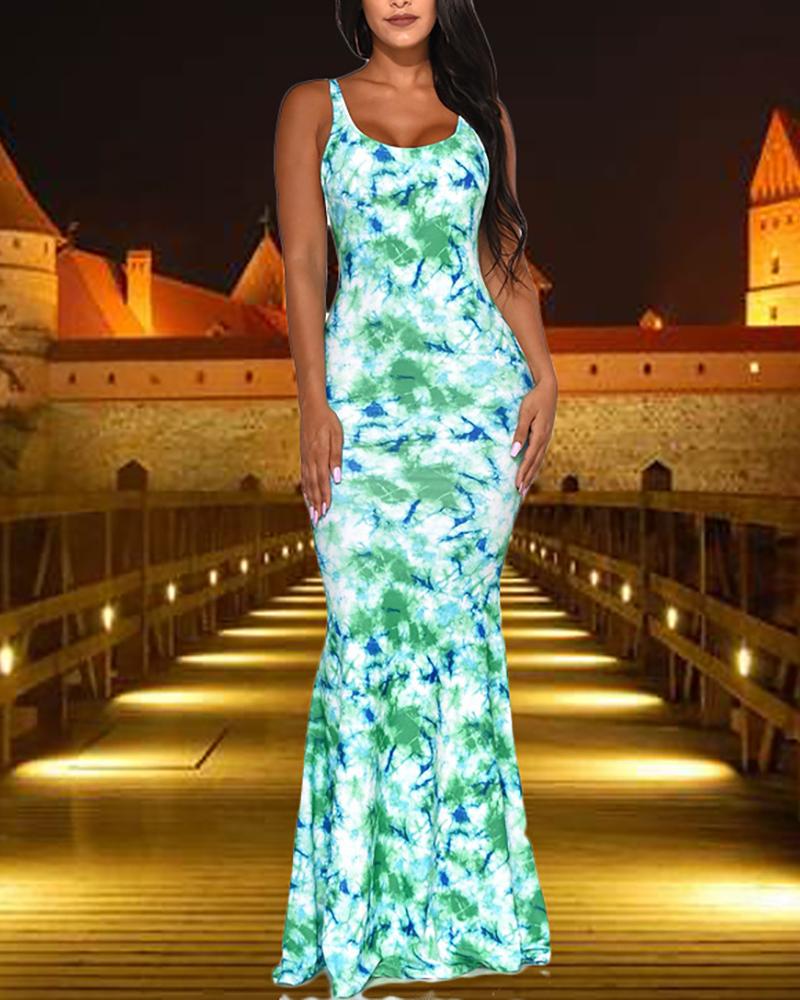 

Digital Printing Tie Dyed Back Strap Dress, Green