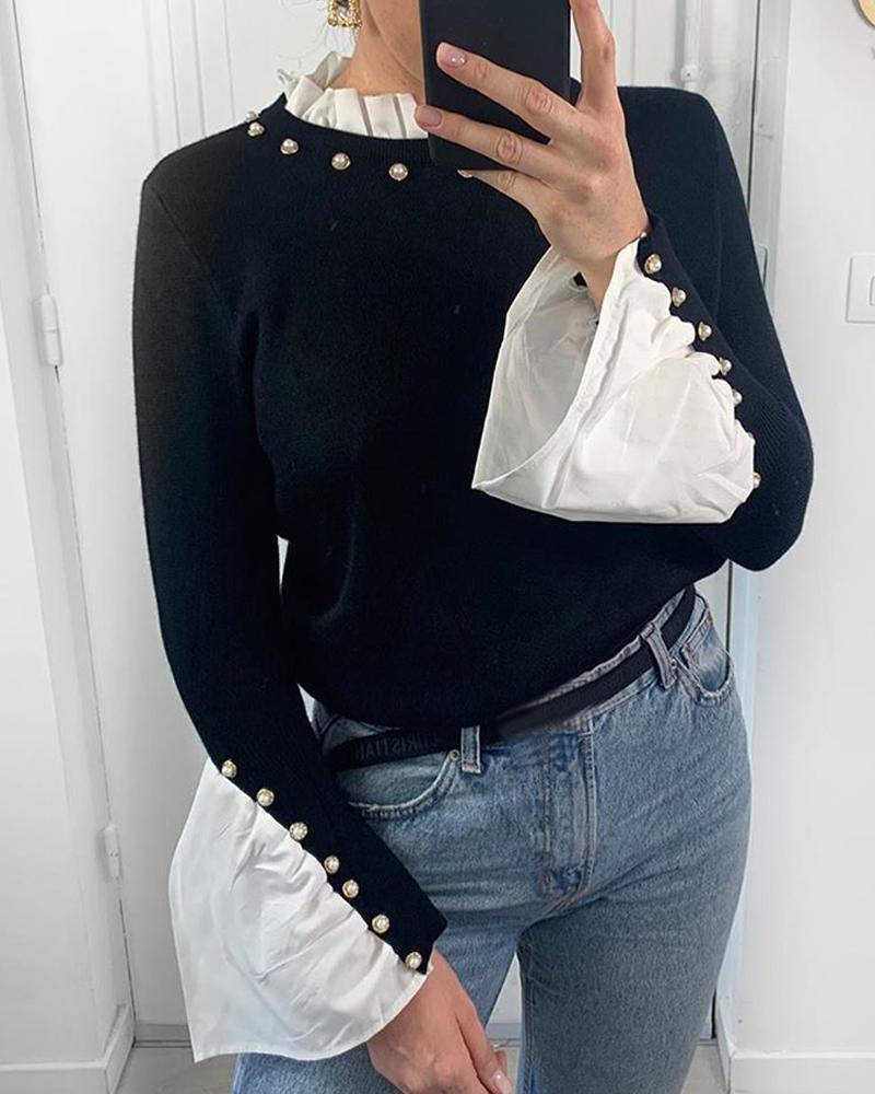

Patchwork Bell Sleeve Metal Beaded Blouse, Black