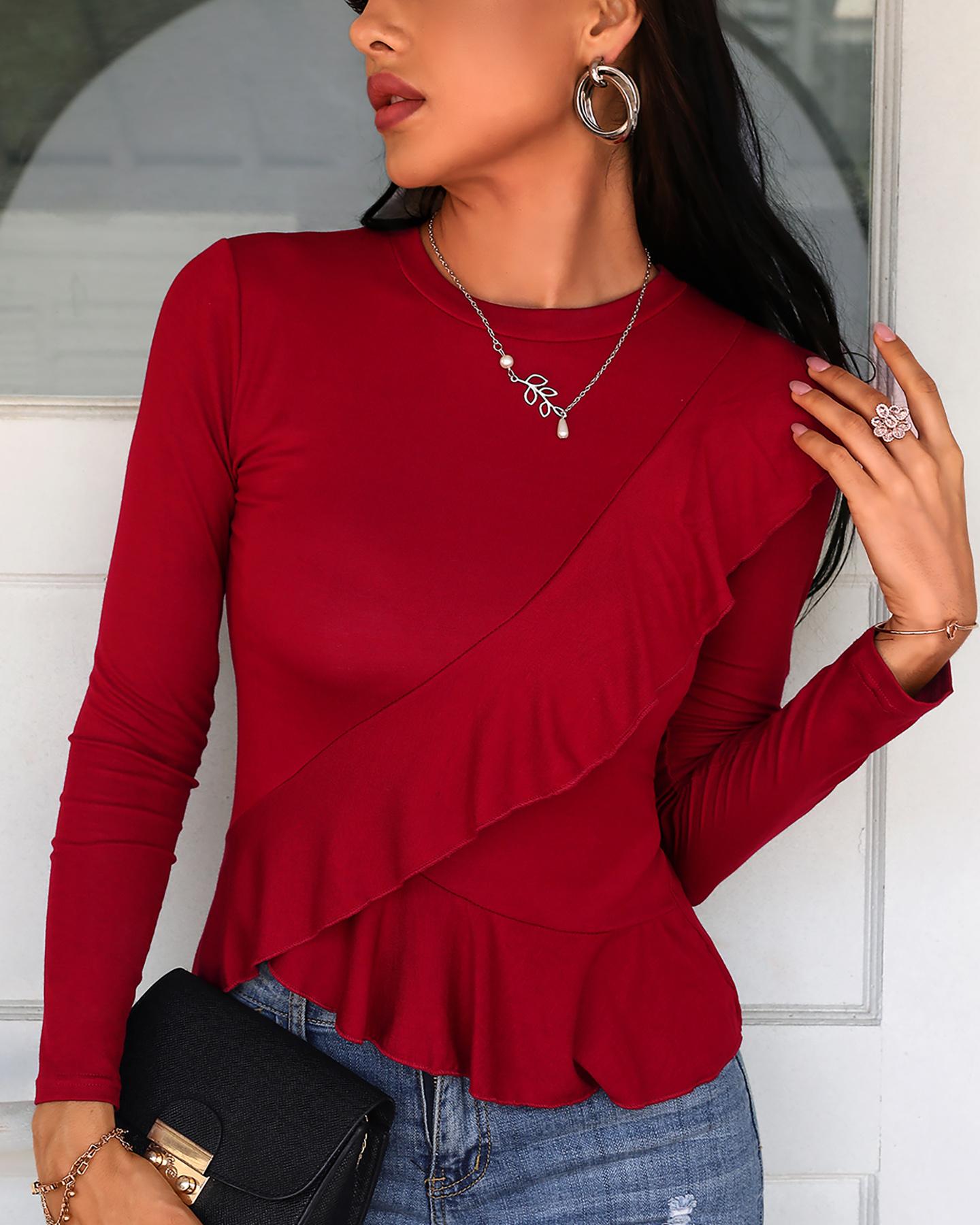 

Ruffles Long Sleeve Solid Top, Red