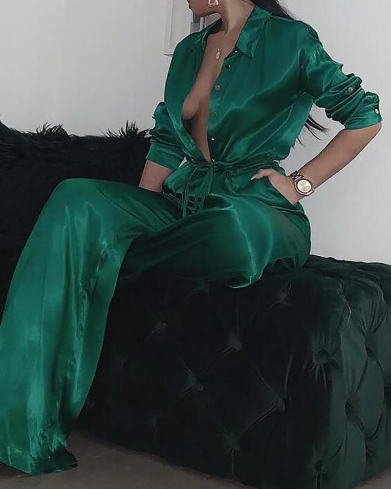 

Solid Turn-down Collar Buttoned Jumpsuit, Green