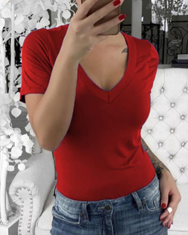 

V-neck Solid Short Sleeve Casual T-shirt, Red
