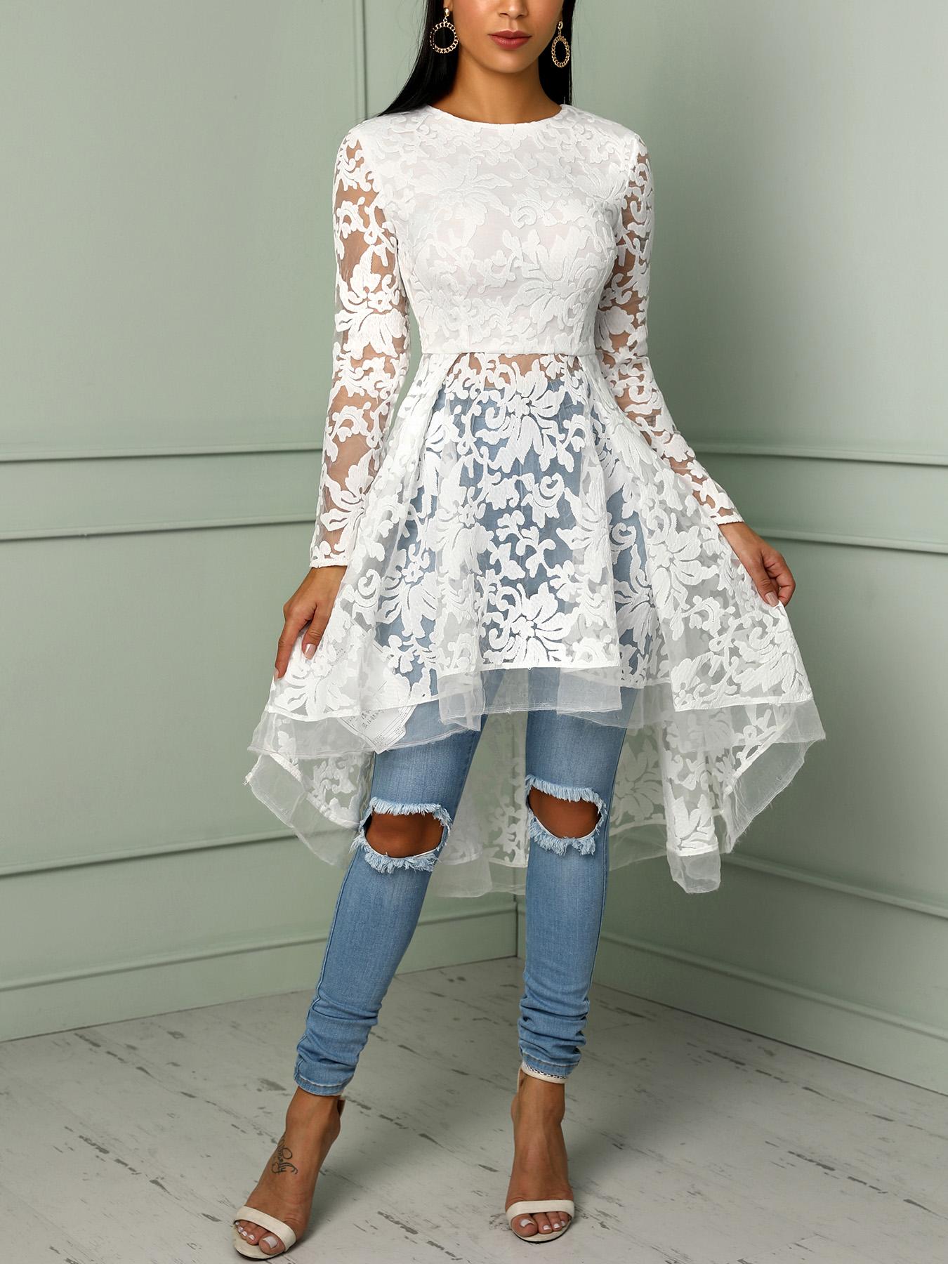 

Lace Mesh Dip Hem Blouse, White