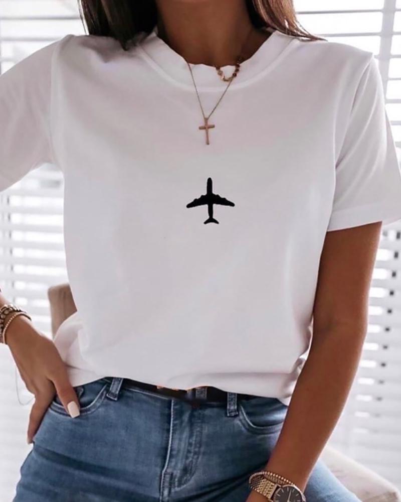 

Plane Print Short Sleeve Casual T-shirt, White