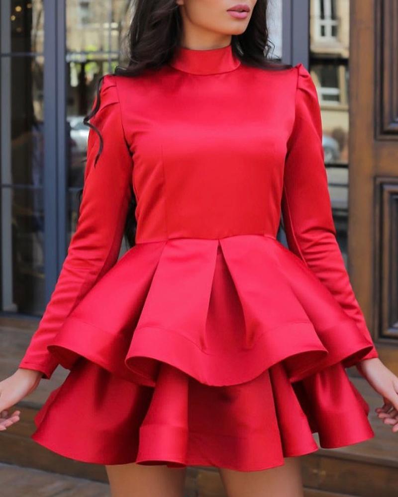 

Long Sleeve Layered Ruffles Dress, Red