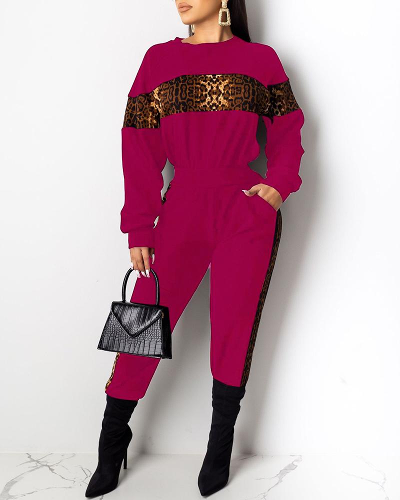 

Round Neck Colorblock Insert Leopard Top & Pants Sets, Red