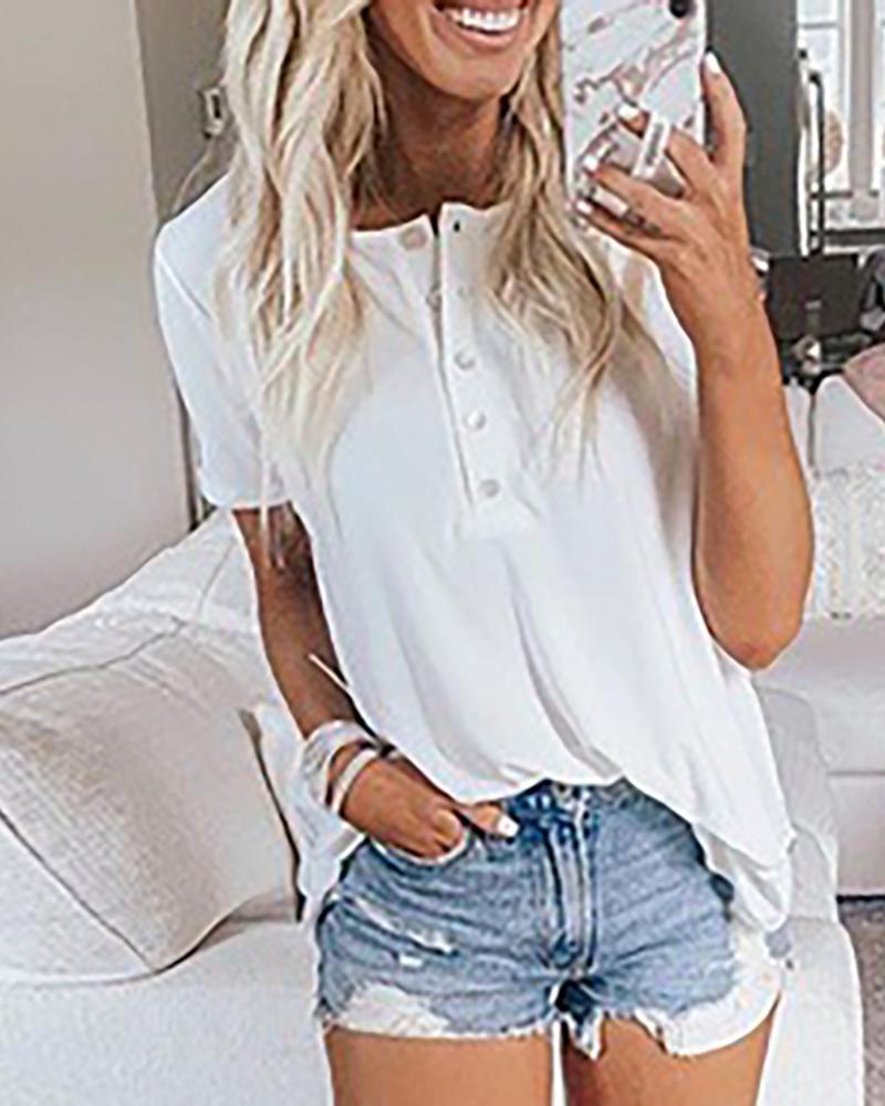 

Solid Buttoned Design Casual T-shirt, White