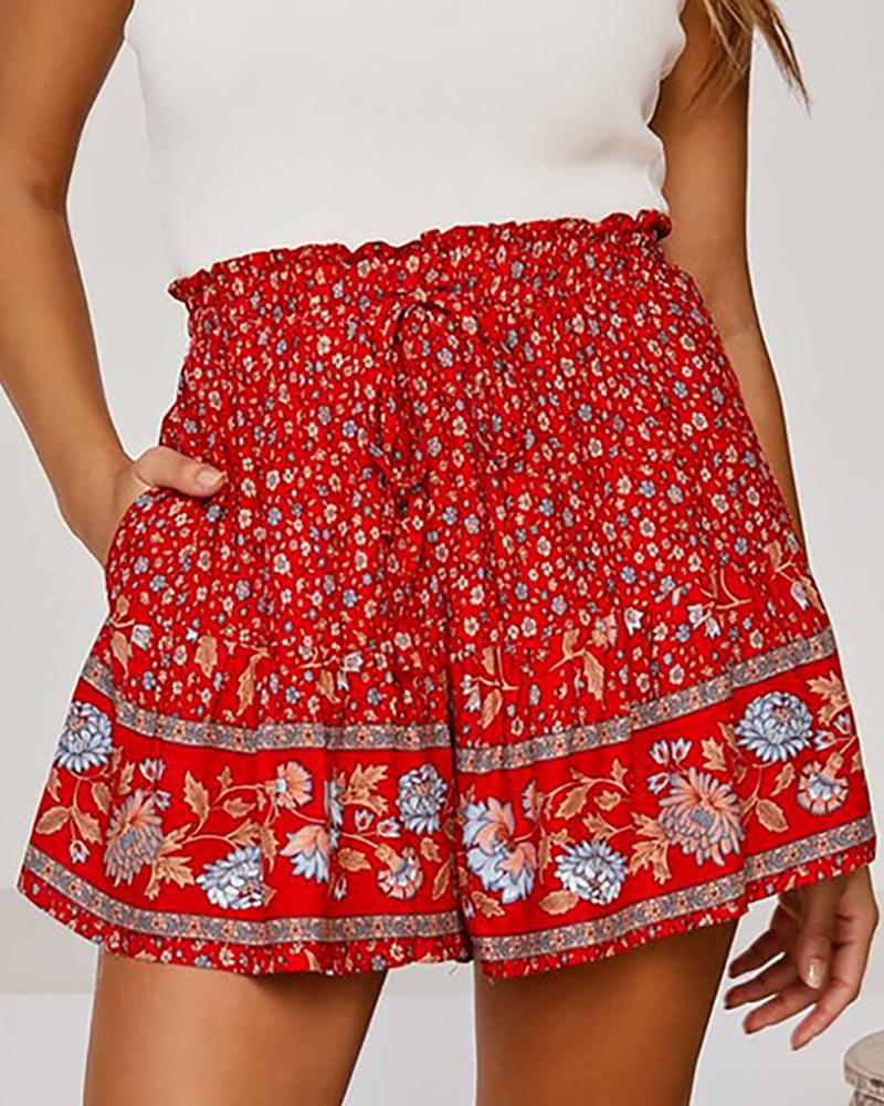 

Floral Print Pocket Design Shorts, Red