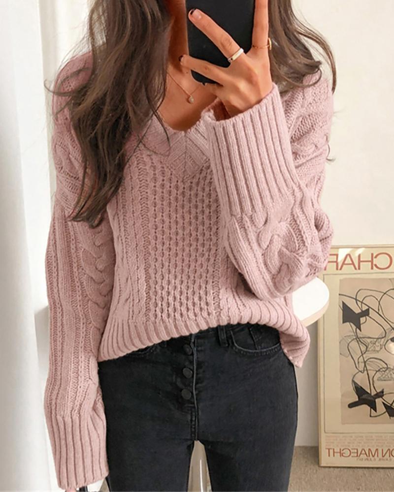 

Solid Braided Knit Casual Sweater, Pink