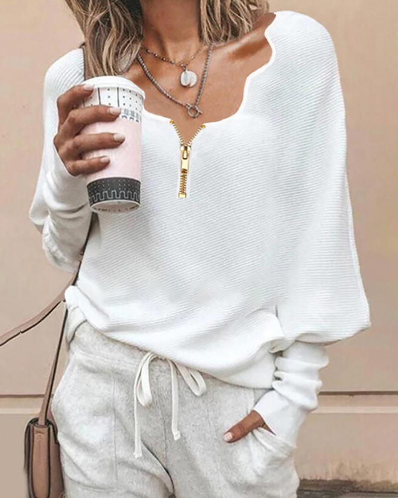 

Plain Zipper Front Batwing Sleeve Ribbed Top, White