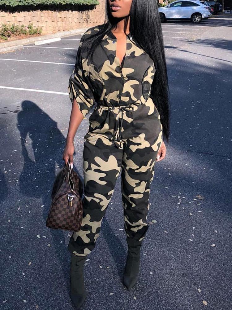 

Camouflage Print Drawstring Roll-Up Sleeve Jumpsuit, Multicolor