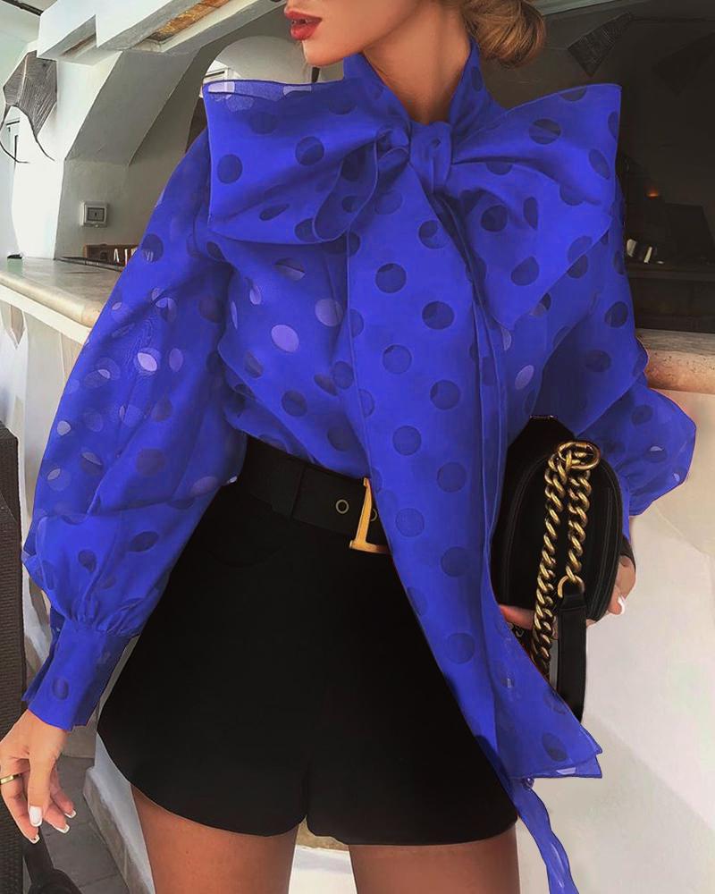 

Dot Hollow Out Lantern Sleeve Knotted Blouse