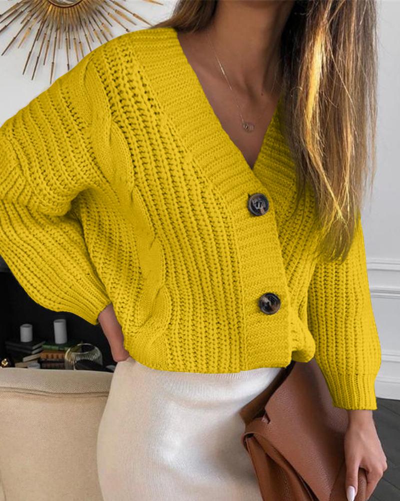 

Solid Button Design Lantern Sleeve Knit Sweater, Yellow