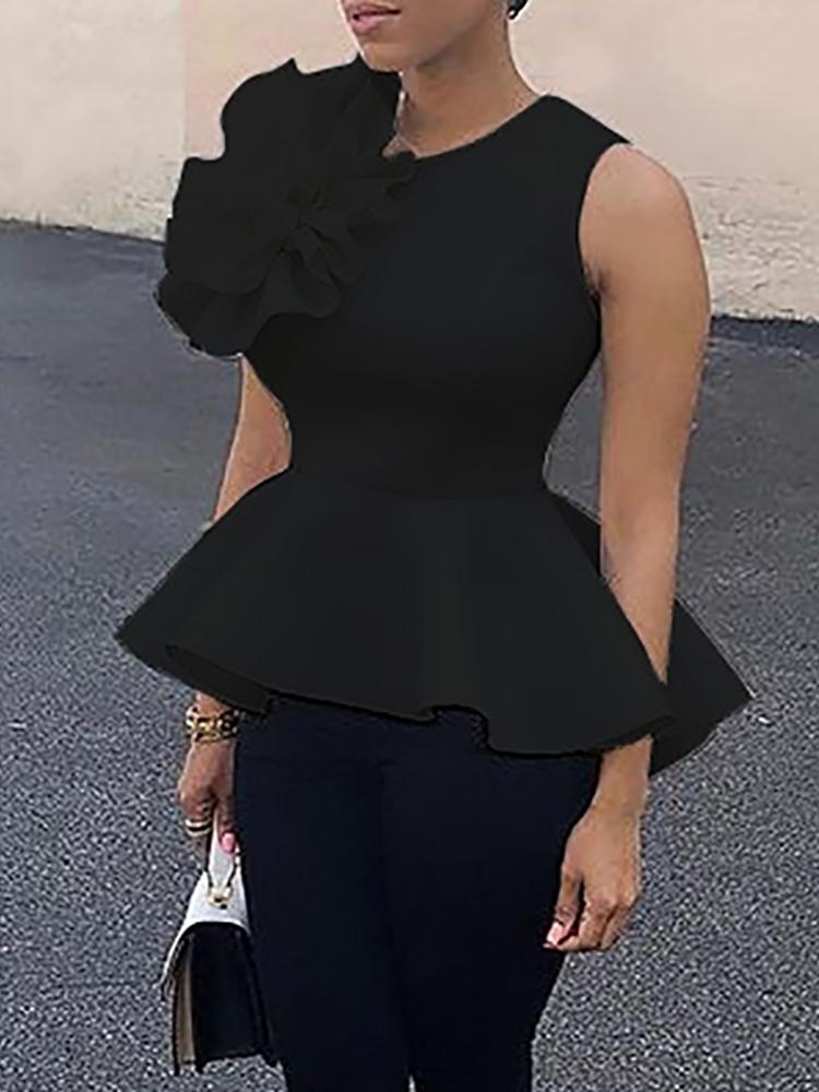 

Flower Applique Zipper Back Peplum Top, Black