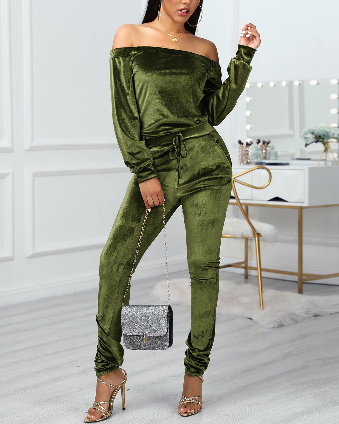 

Solid Off Shoulder Long Sleeve Top & Drawstring Pants Sets, Green