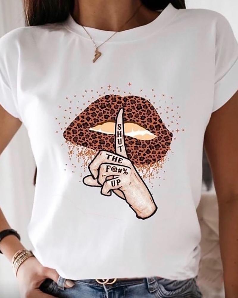 

Leopard Lip Print Casual T-shirt, White