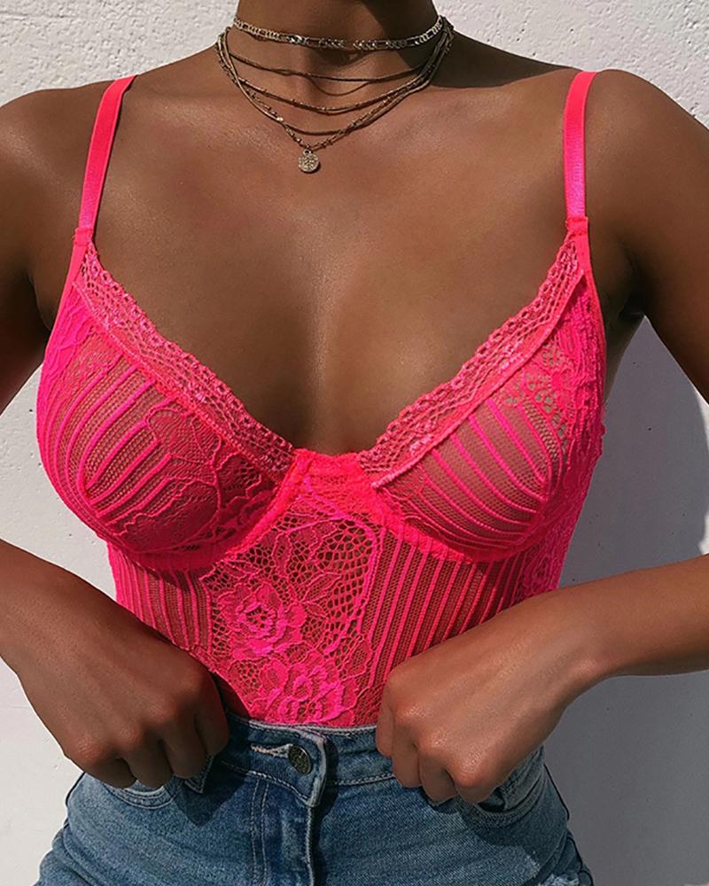 

Spaghetti Strap Lace Bodysuit, Pink