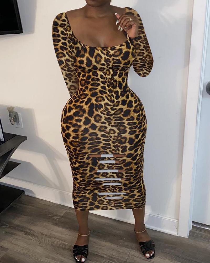 

Cheetah Print Long Sleeve Ladder Cutout Dress, Leopard