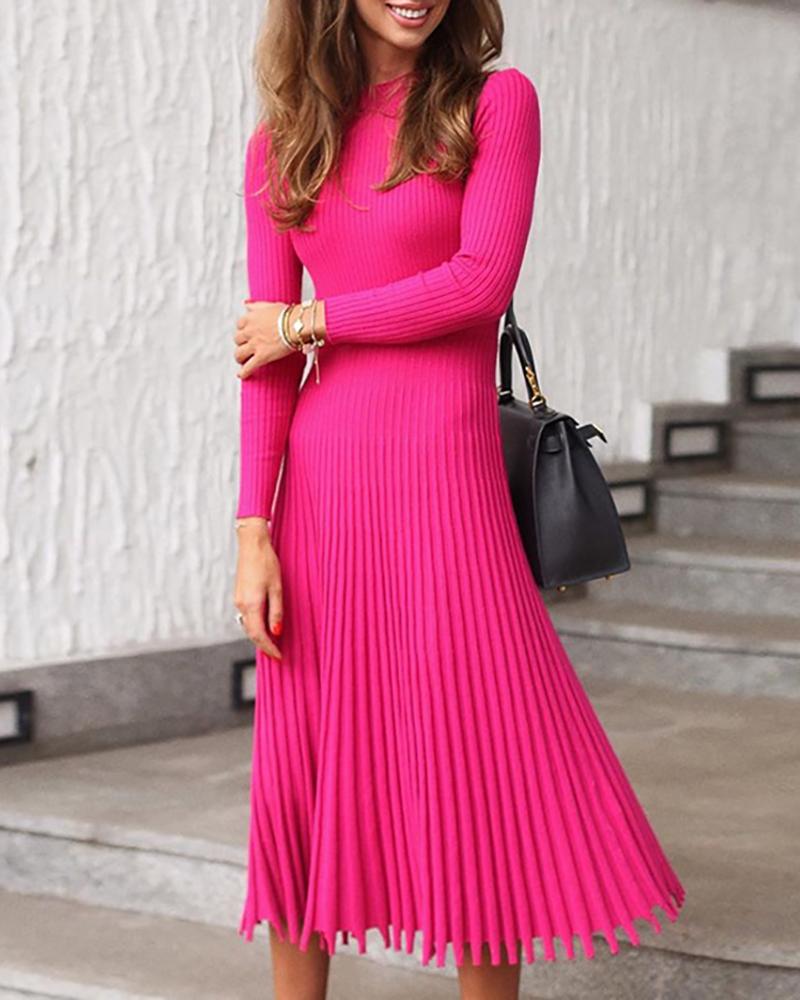 

Solid Long Sleeve Pleated Sweater Dress, Hot pink