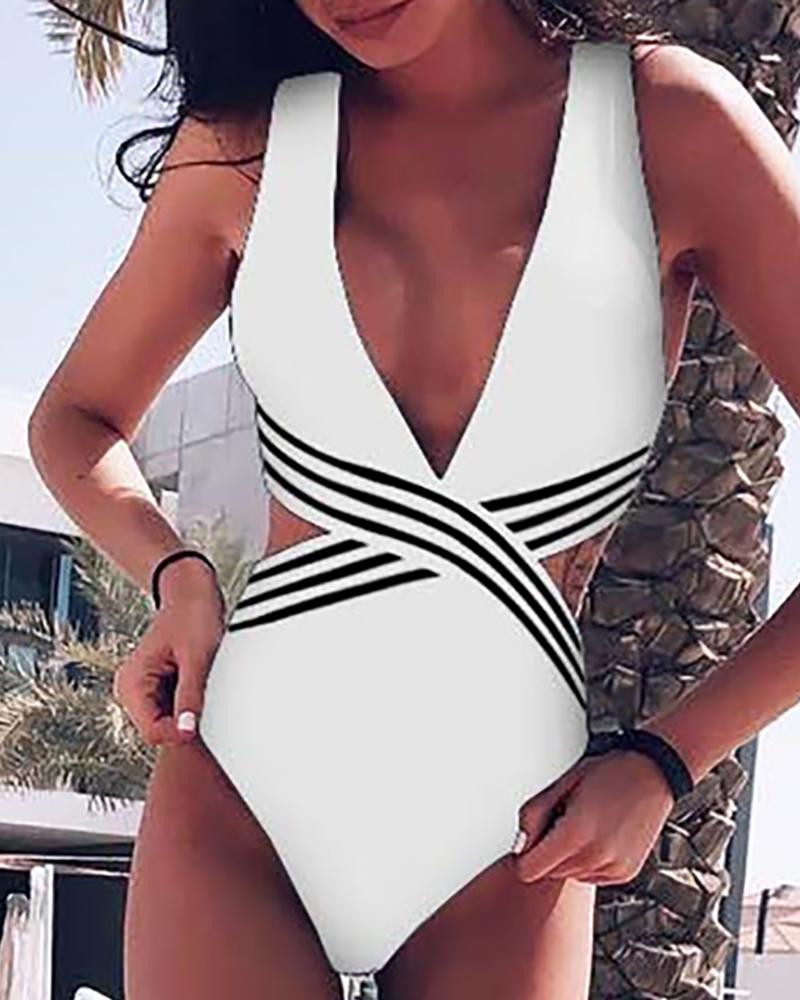 

Print Striped One Piece Swimsuit, White