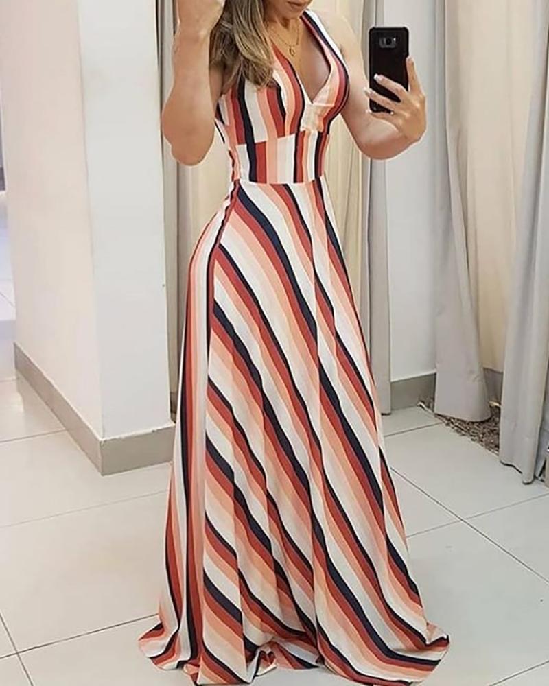 

Striped Colorblock Plunge Maxi Dress, Multicolor