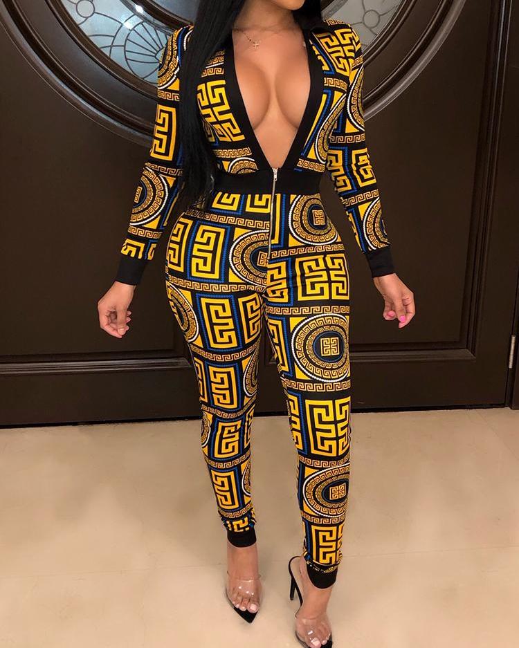 

Print Zipper Design Plunge Slinky Jumpsuits