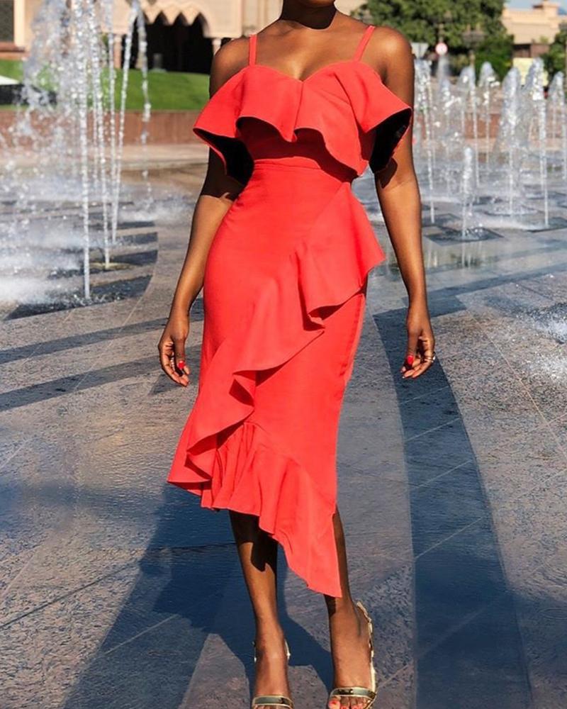 

Spaghetti Strap Ruffle Detail Dress, Orange