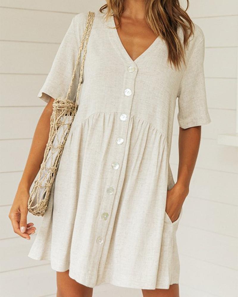 

Solid Single-breasted Mini Dress, White