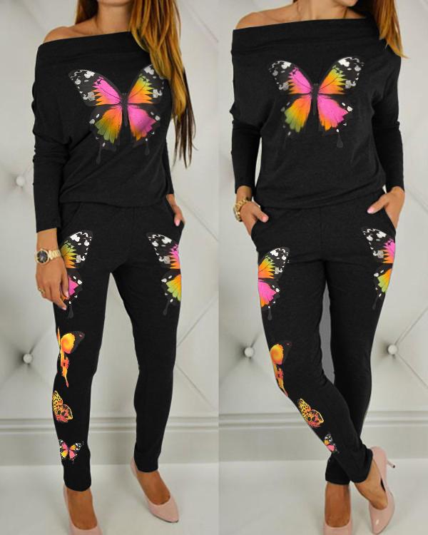 

Off Shoulder Print Bat-Wing Sleeve Jumpsuits, Black