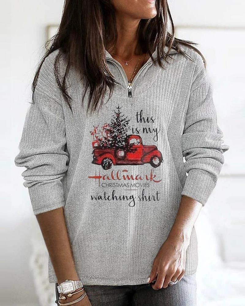 

Christmas Letter Car Print Zipper Design Sweatshirt, Gray