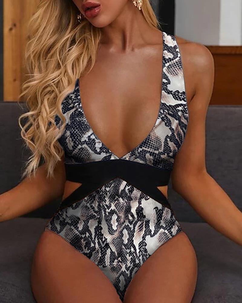 

Snakeskin Print Bandage One Piece Swimsuit