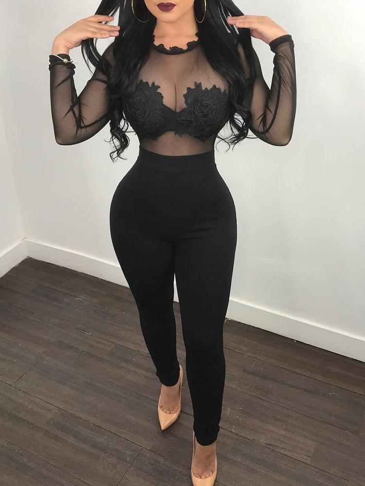 

Stylish Floral Hem Perspective Mesh Patchwork Jumpsuit, Black