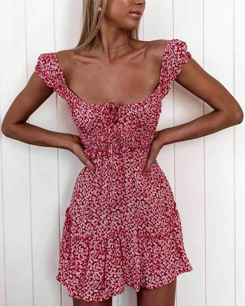 

Floral Print Square Neck Mini Dress, Hot pink