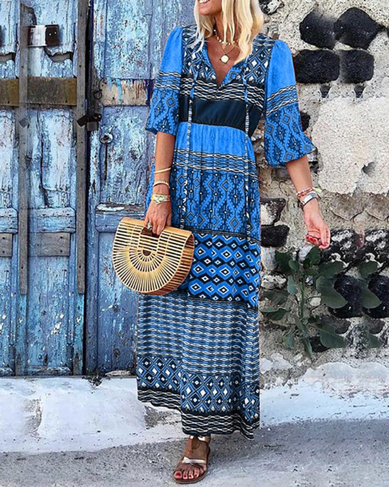 

Boho Print Half Sleeve Casual Maxi Dress, Dark blue