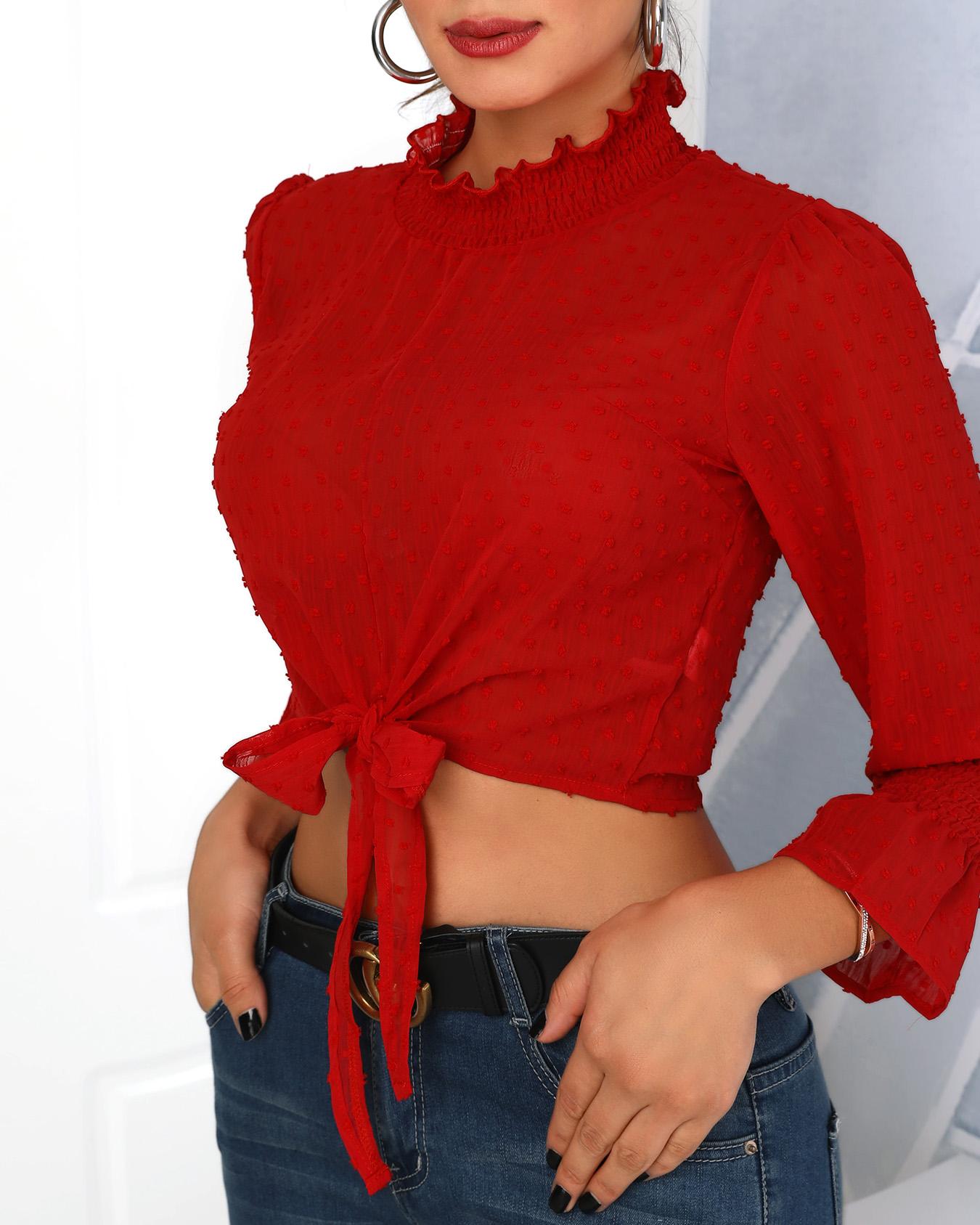 

Dots Shirring Detail Knot Front Blouse, Red