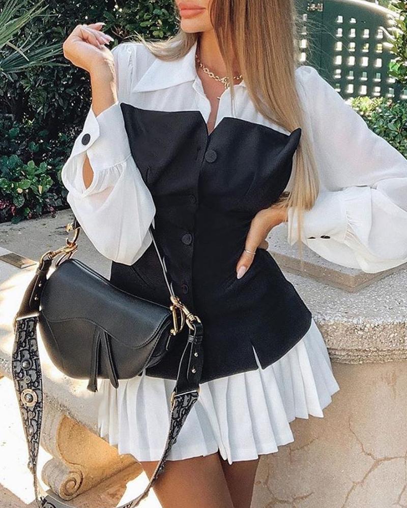 

Lantern Sleeve Colorblock Ruffles Hem Shirt Dress, White