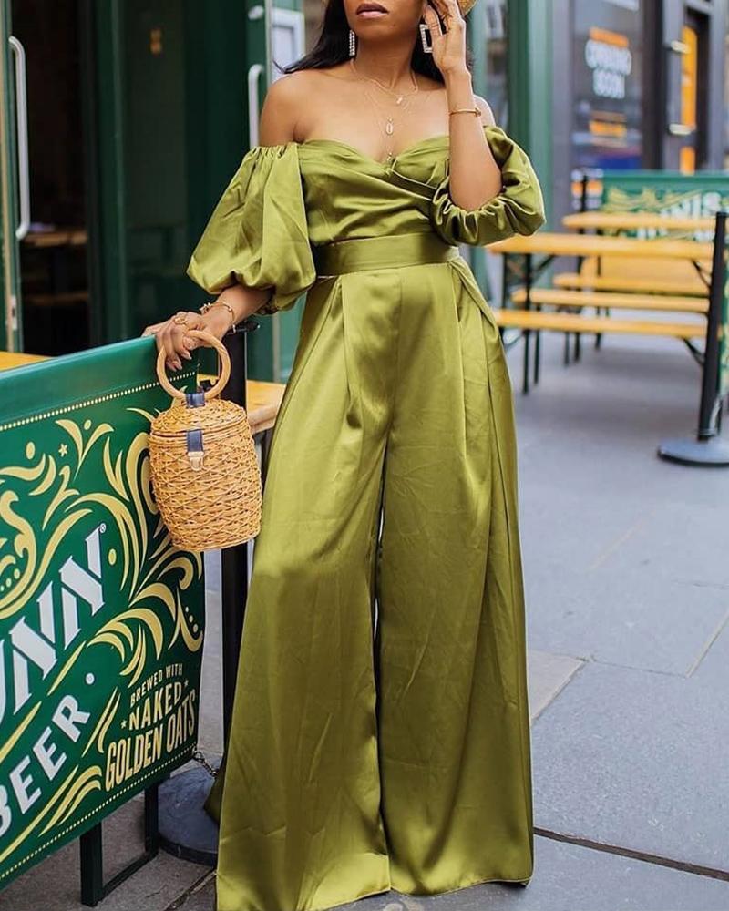 

Off Shoulder Puffed Sleeve Jumpsuits, Green