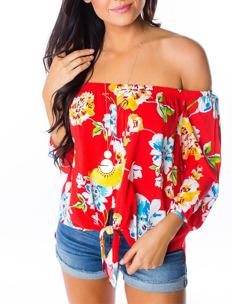 

Slash Neck Knot Front Floral Blouse, Red