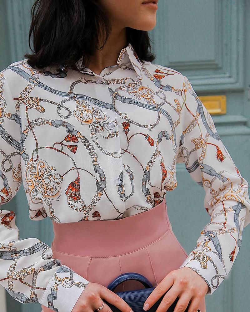

Retro Print Long Sleeve Buttoned Shirt, White