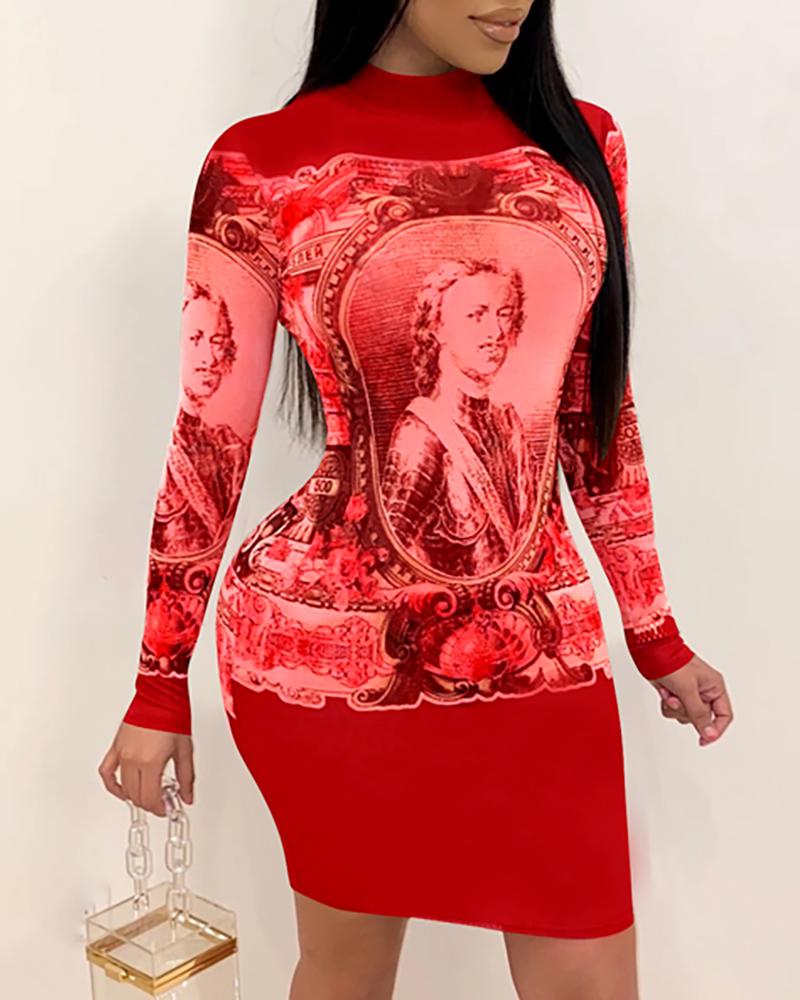 

Print Long Sleeve Bodycon Dress, Red